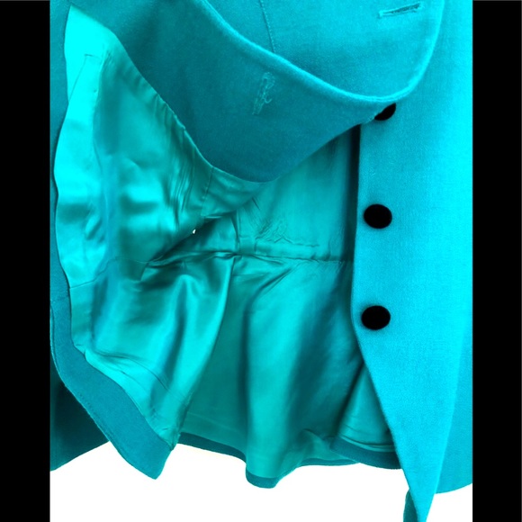 VTG 80s Black Velvet trim peplum jacket & mini skirt 10P worsted wool crêpe teal - Picture 12 of 16